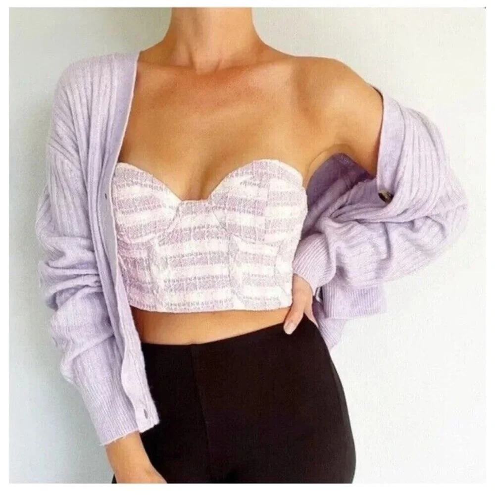 NWT ZARA Strapless Tweed Underwire Bustier Corset Top Lavender White Pink XS